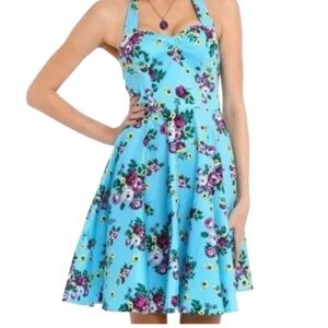 Hell Bunny Vixen Aqua Floral Halter Fit & Flare Dress Retro Pinup S Rockabilly
